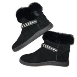 Canyon River Blues Faux Fur Lined Black Leather Slippers Size 8